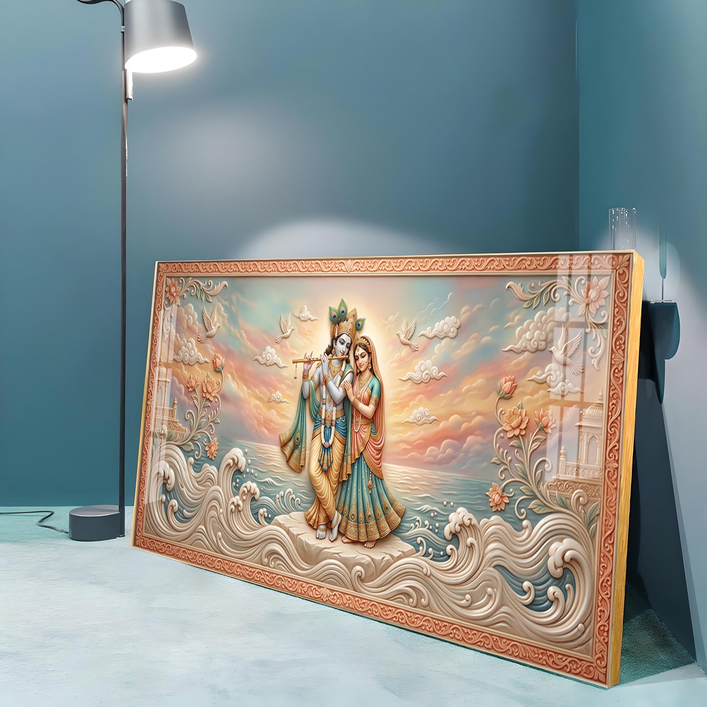Radha Krishna With Gold Accents Premium Acrylic Horizontal Wall Art