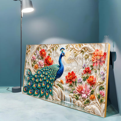 Vibrant Peacock With Floral Premium Acrylic Horizontal Wall Art