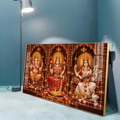 Shri Ganesha, Goddess Lakshmi, and Goddess Saraswati Premium Acrylic Horizontal Wall Art