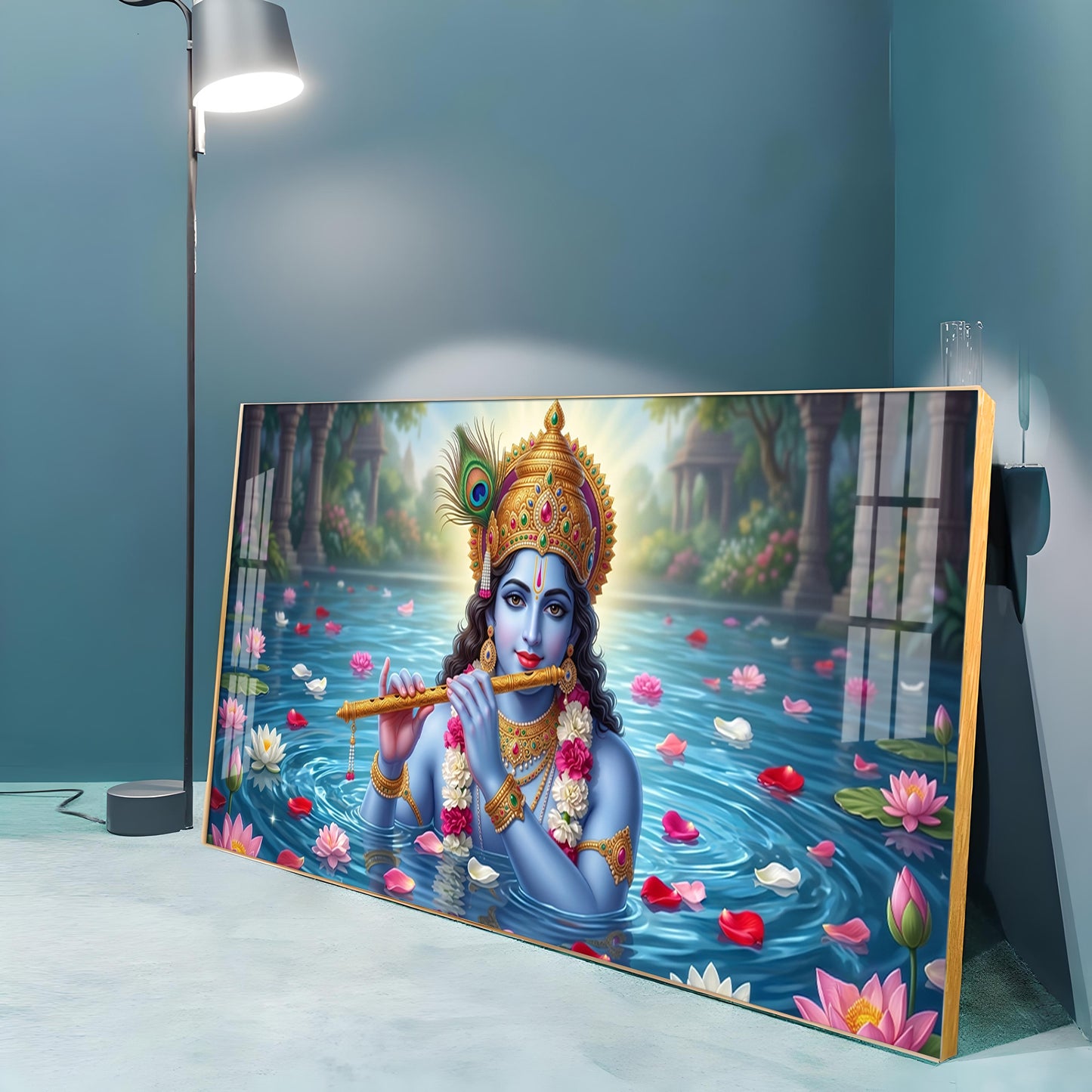 Krishna With Flute Under Pond Premium Acrylic Horizontal Wall Art