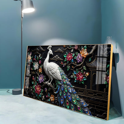 White Peacock With Colorful Background Premium Acrylic Horizontal Wall Art