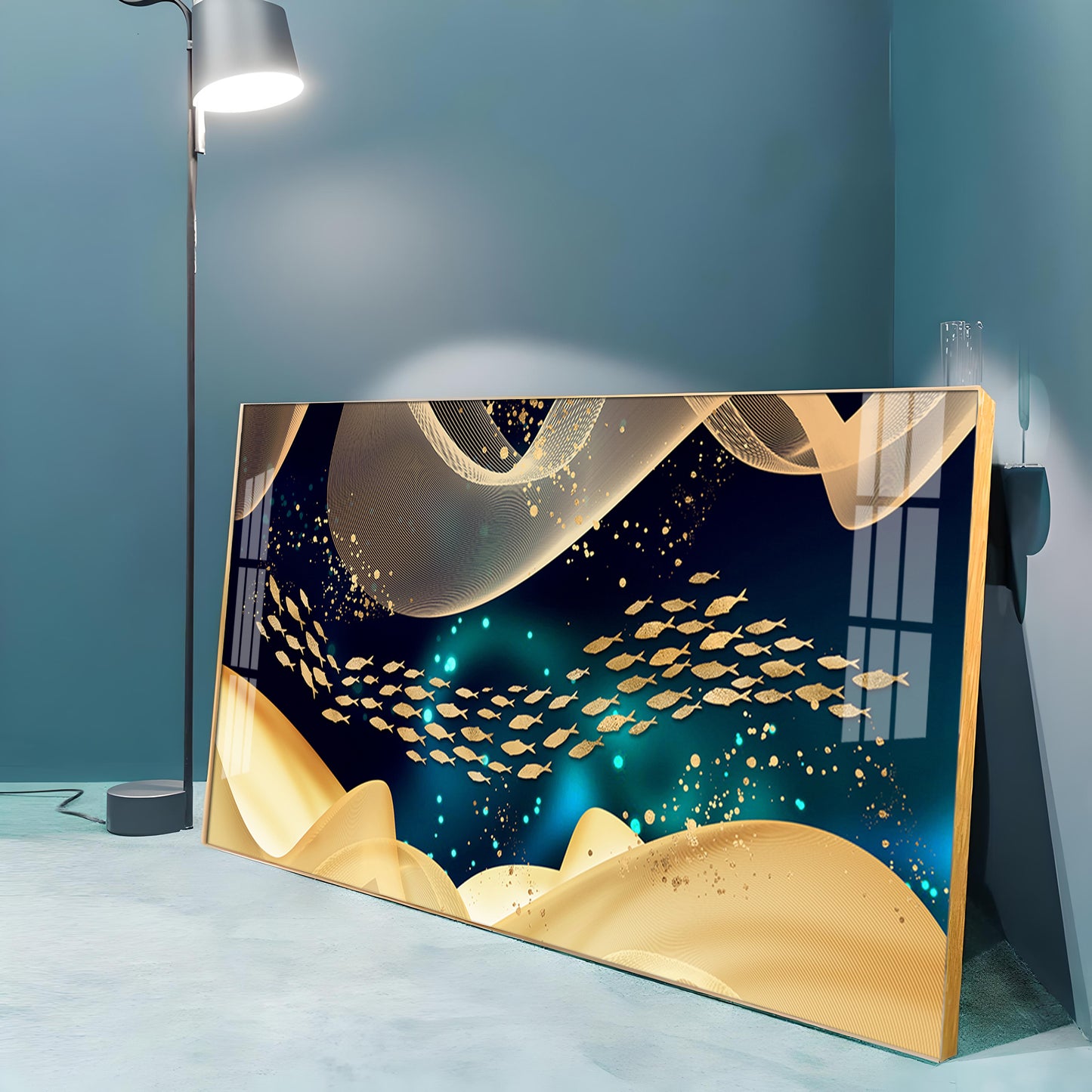 Golden Fish In Dark Blue Underwater Premium Acrylic Horizontal Wall Art