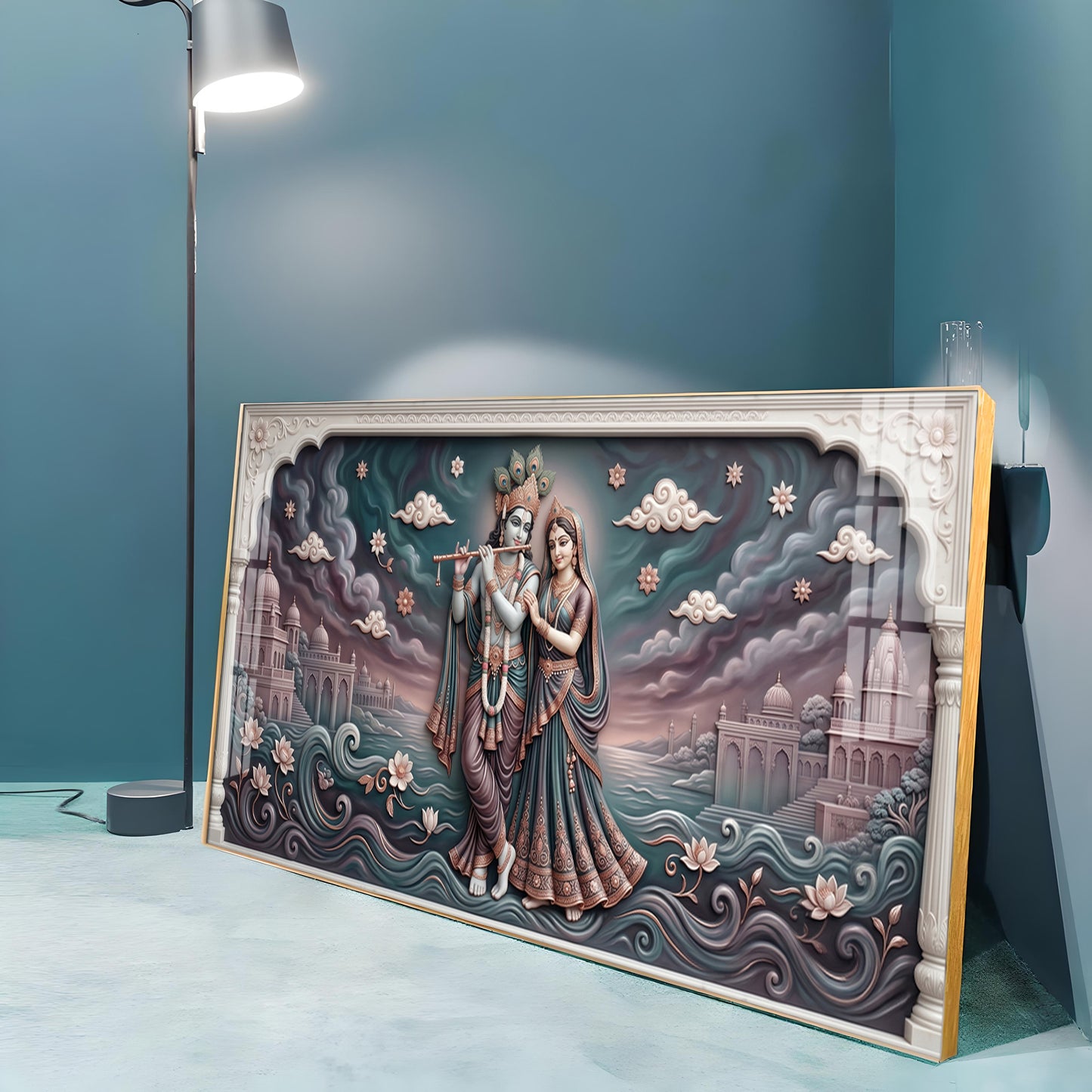 Radha Krishna In Lotus Filled Premium Acrylic Horizontal Wall Art