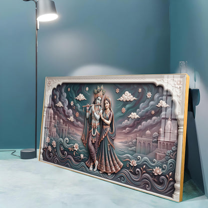 Radha Krishna In Lotus Filled Premium Acrylic Horizontal Wall Art