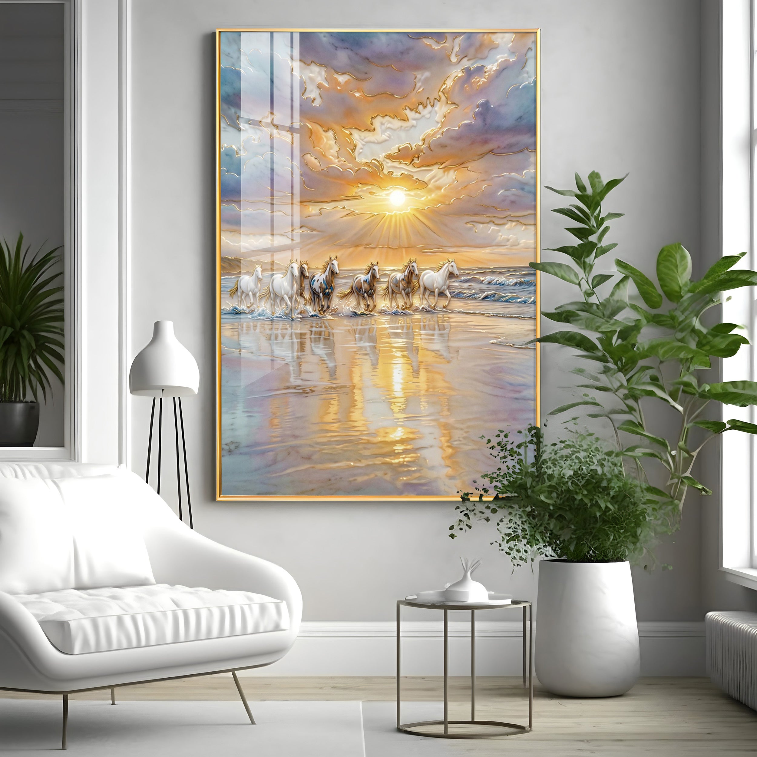 Depicting Seven White Horses Running Premium Acrylic Vertical Wall Art