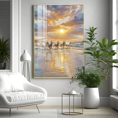 Depicting Seven White Horses Running Premium Acrylic Vertical Wall Art