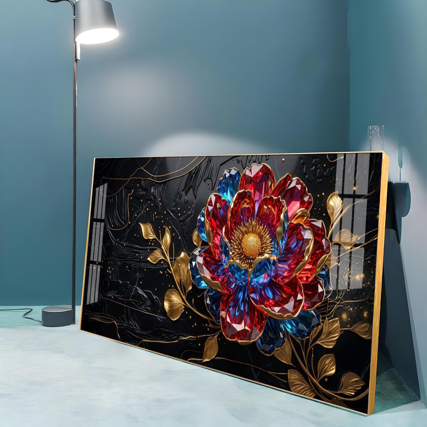 Abstract Floral With Red & Blue Premium Acrylic Horizontal Wall Art