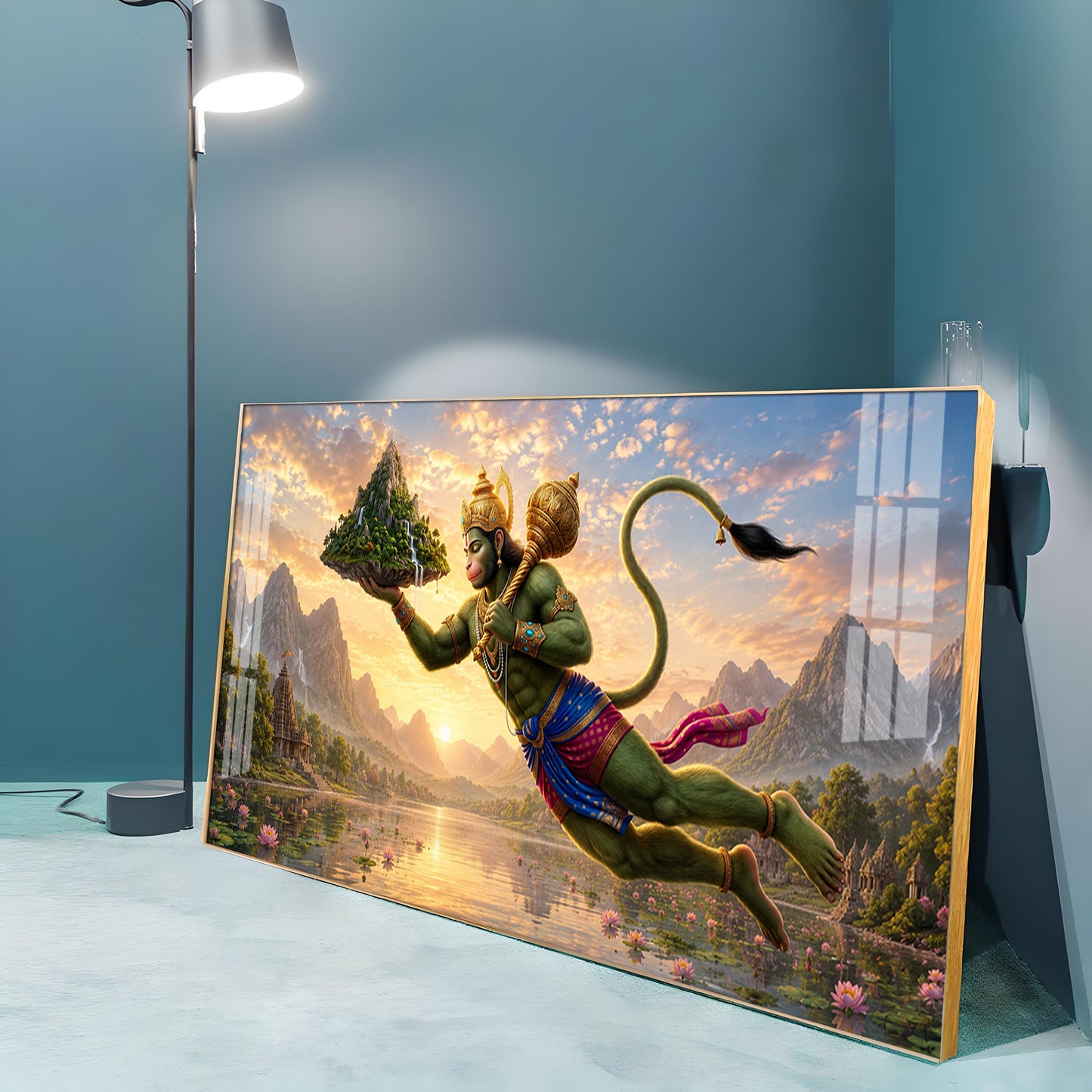 Lord Hanuman Carrying Sanjeevani Mountain Premium Acrylic Horizontal Wall Art