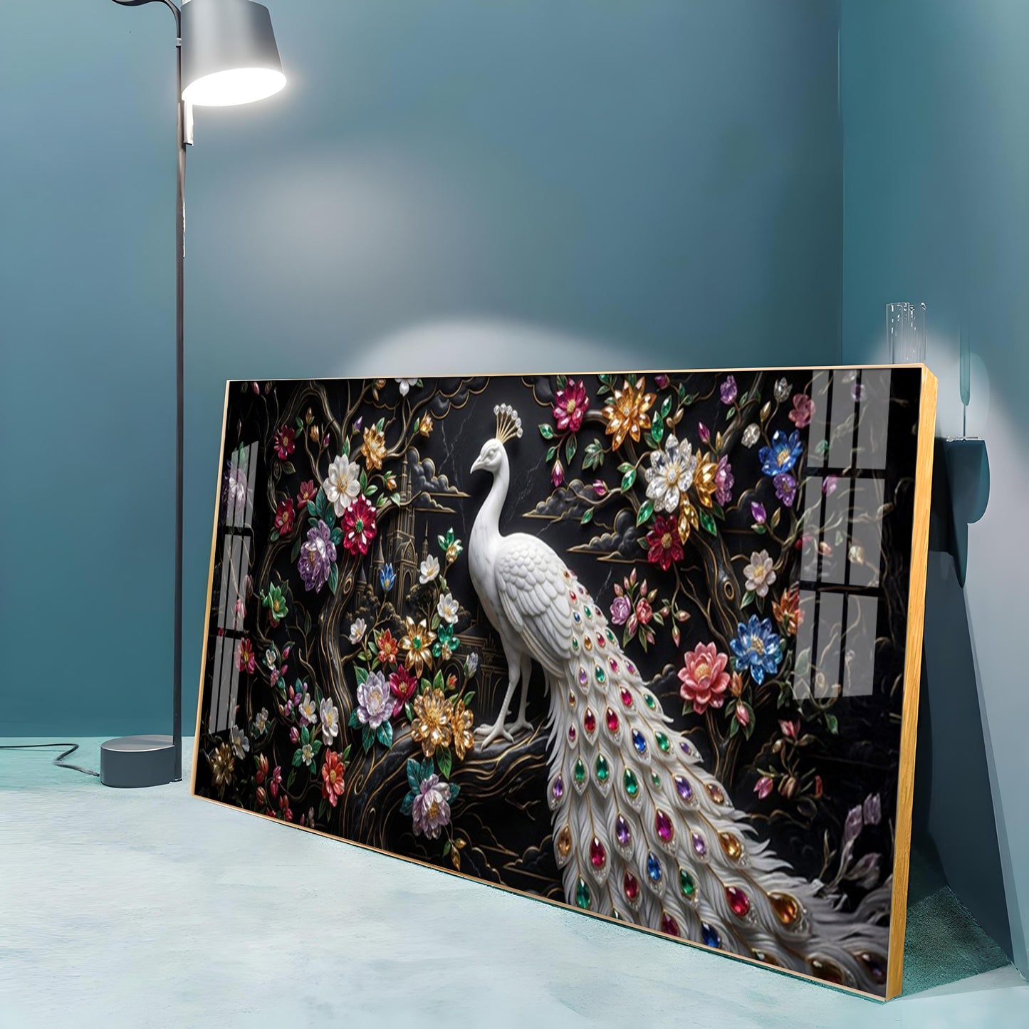 Peacock Embellishments & Black Background Premium Acrylic Horizontal Wall Art