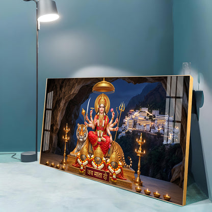 Goddess Durga With Maa Vaishno Devi Temple Premium Acrylic Horizontal Wall Art