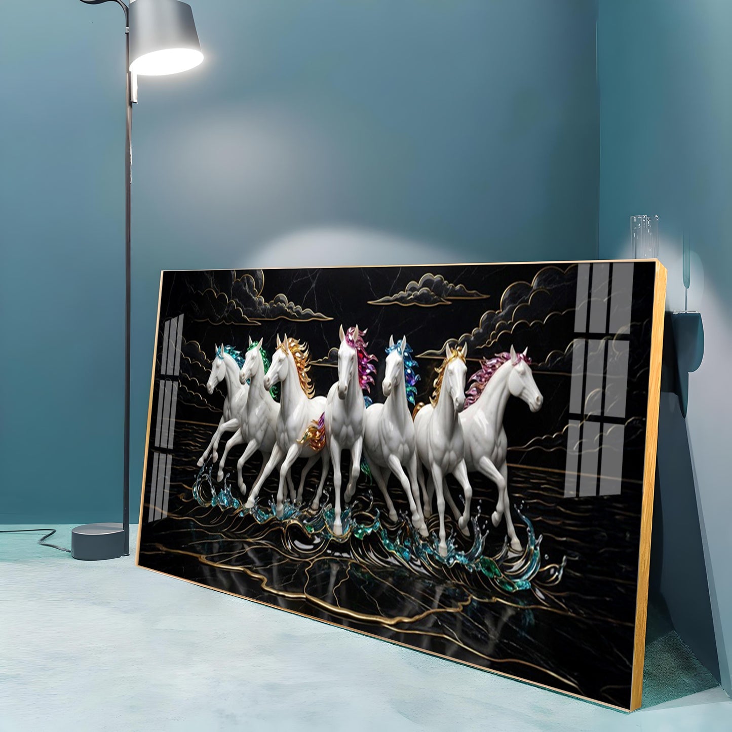 Splashing Stallions White Seven Horses Premium Acrylic Horizontal Wall Art