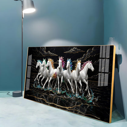 Splashing Stallions White Seven Horses Premium Acrylic Horizontal Wall Art