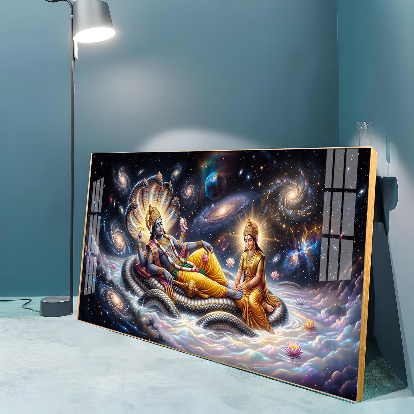 Lord Vishnu , Goddess Lakshmi With Serpent Shesha Premium Acrylic Horizontal Wall Art