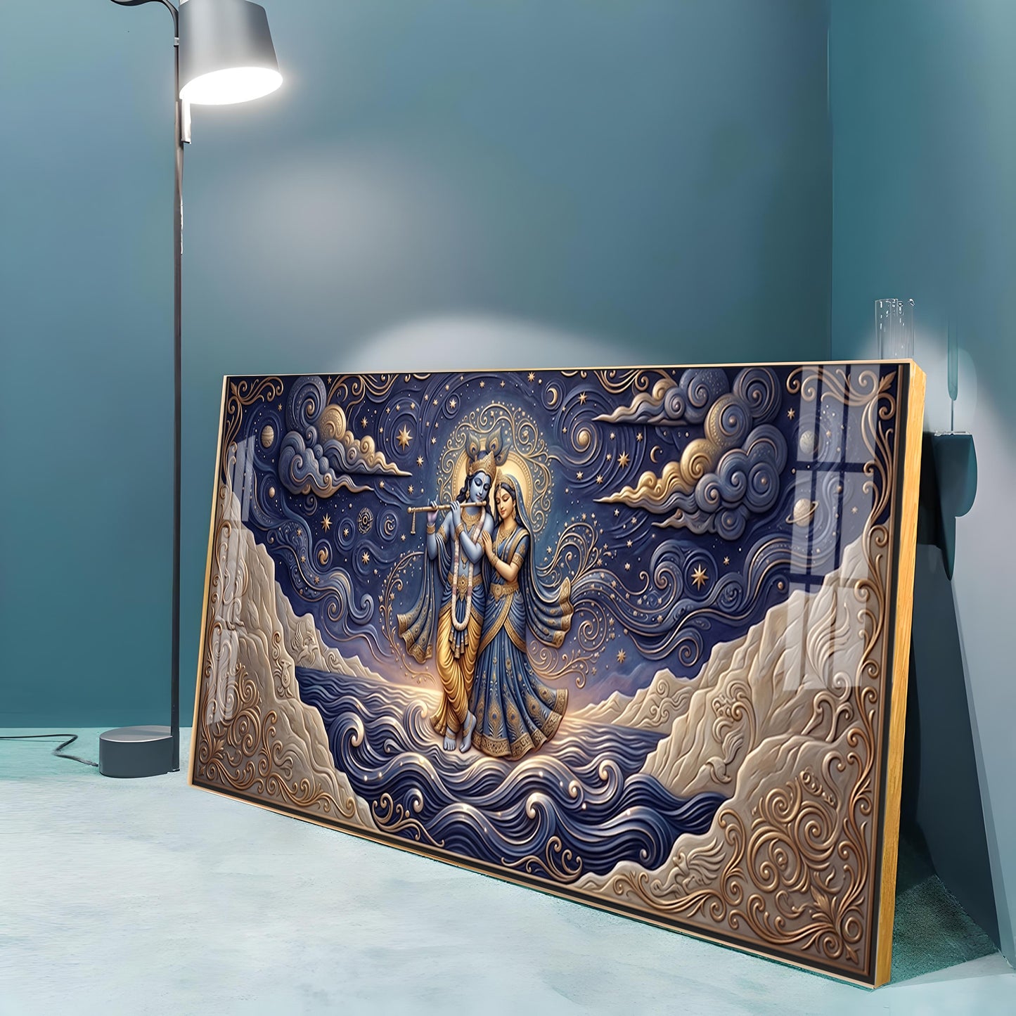Radha Krishna Depicted In A Celestial Blue Premium Acrylic Horizontal Wall Art