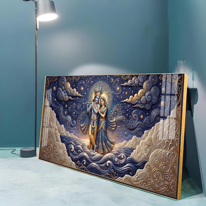 Radha Krishna Depicted In A Celestial Blue Premium Acrylic Horizontal Wall Art
