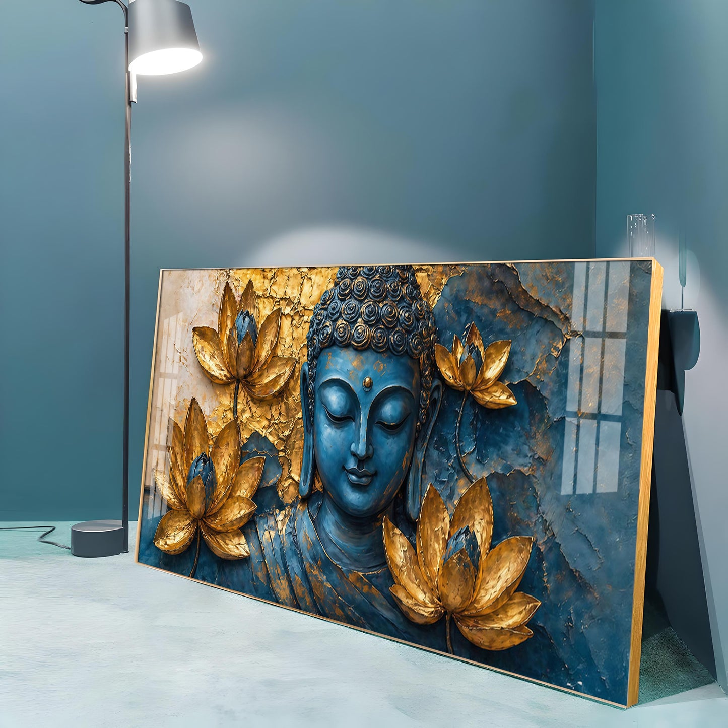 Lord Buddha Surrounded With Lotus Flowers Premium Acrylic Horizontal Wall Art