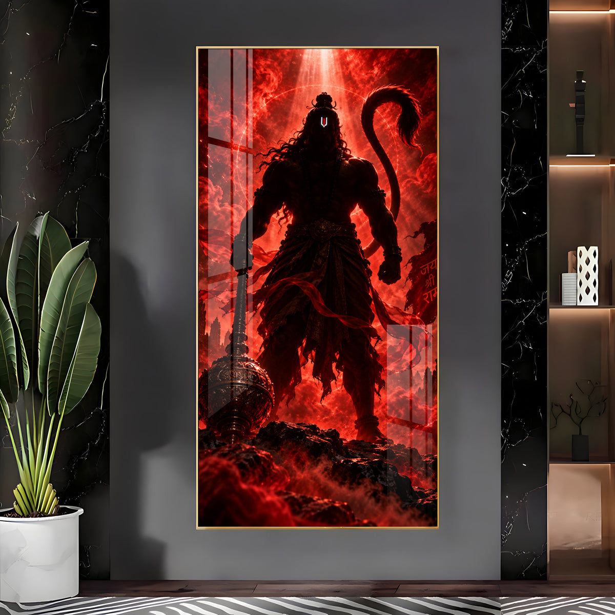 Hanuman Silhouette in Red Glow Premium Acrylic Vertical Wall Art