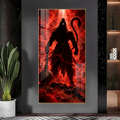 Hanuman Silhouette in Red Glow Premium Acrylic Vertical Wall Art