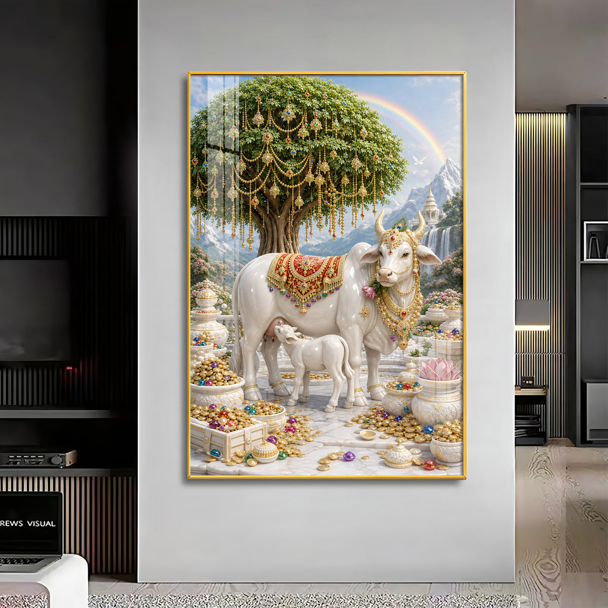 Divine Wish Fulfilling Tree & Kamadhenu Premium Acrylic Vertical Wall Art