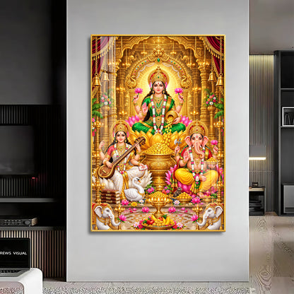 Divine Maa Laxmi, Maa Saraswati & Ganesh Ji Premium Acrylic Vertical Wall Art