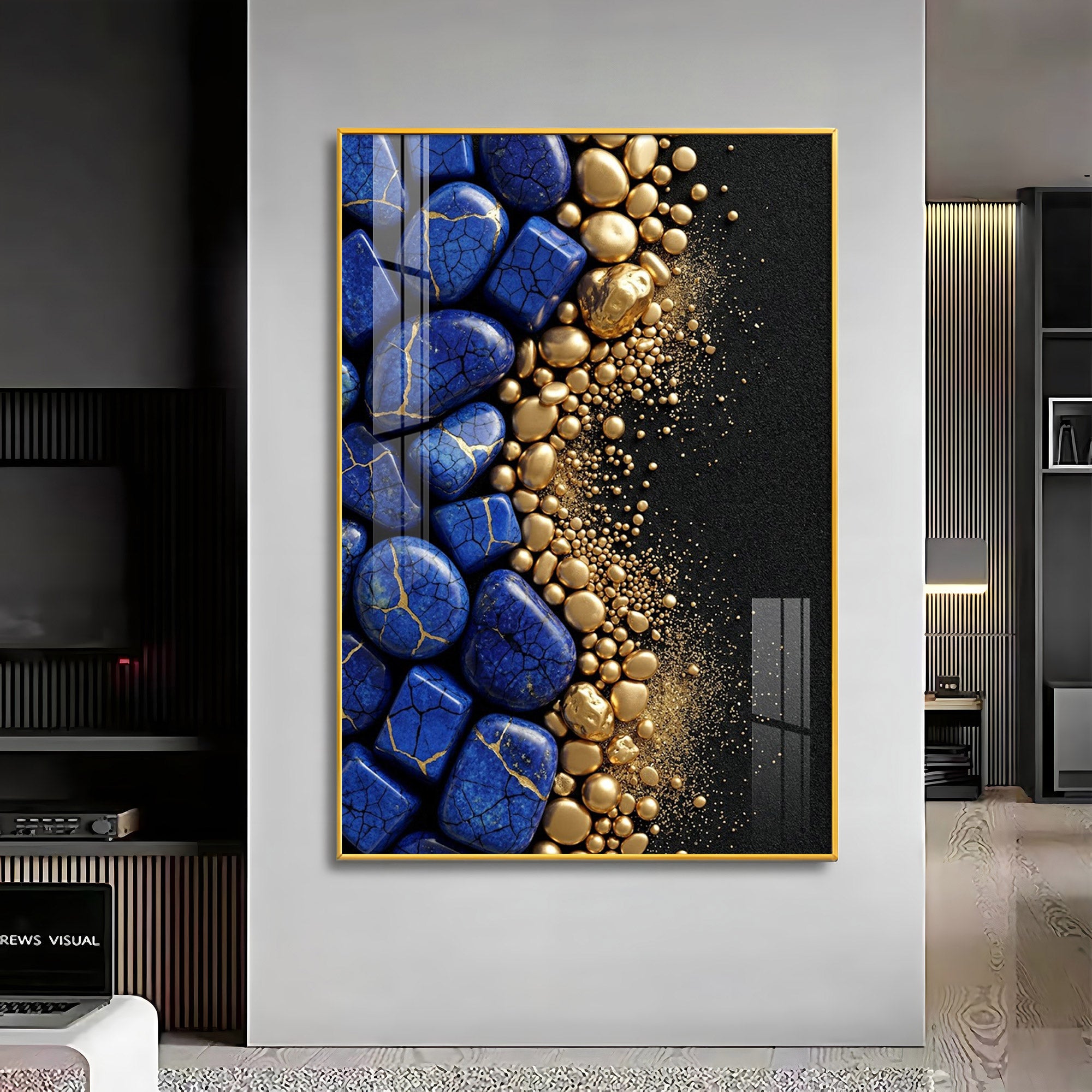 Royal Blue Stones & Gold Pebble Premium Acrylic Vertical Wall Art