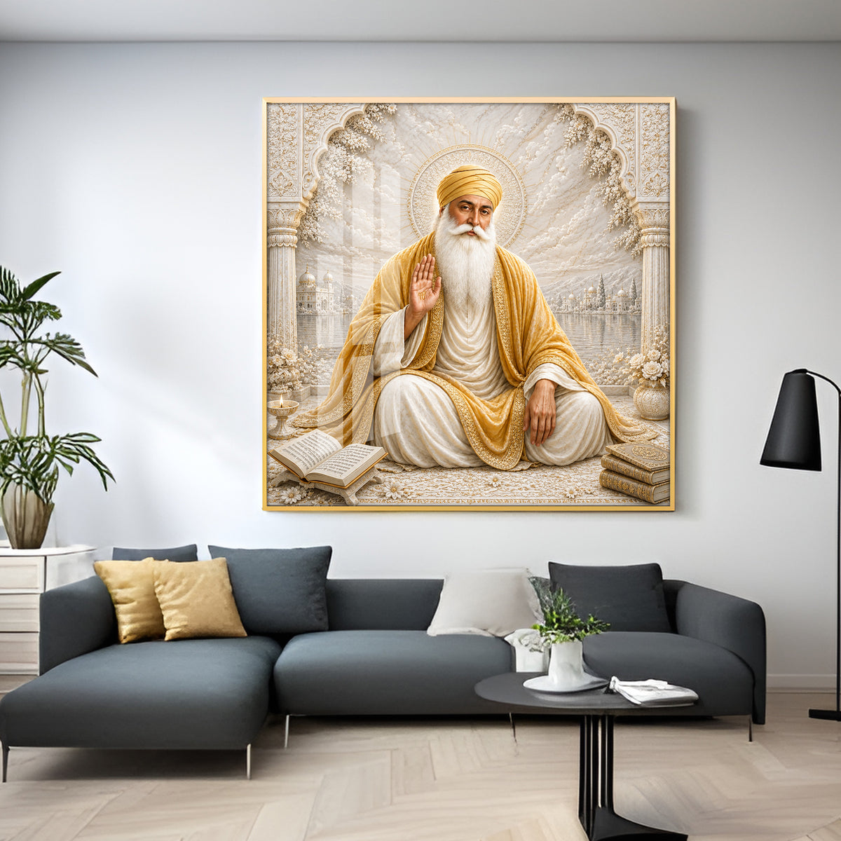 Guru Nanak Devji In Golden Shawl Premium Acrylic Square Wall Art