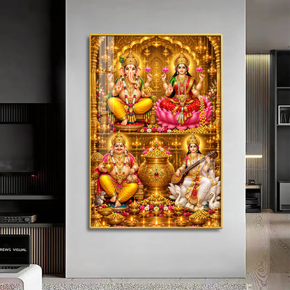 Goddess laxmi, Saraswati, Lord ganesh & Kuber Premium Acrylic Vertical Wall Art