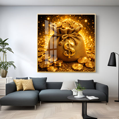 Golden Money Bag Premium Acrylic Square Wall Art