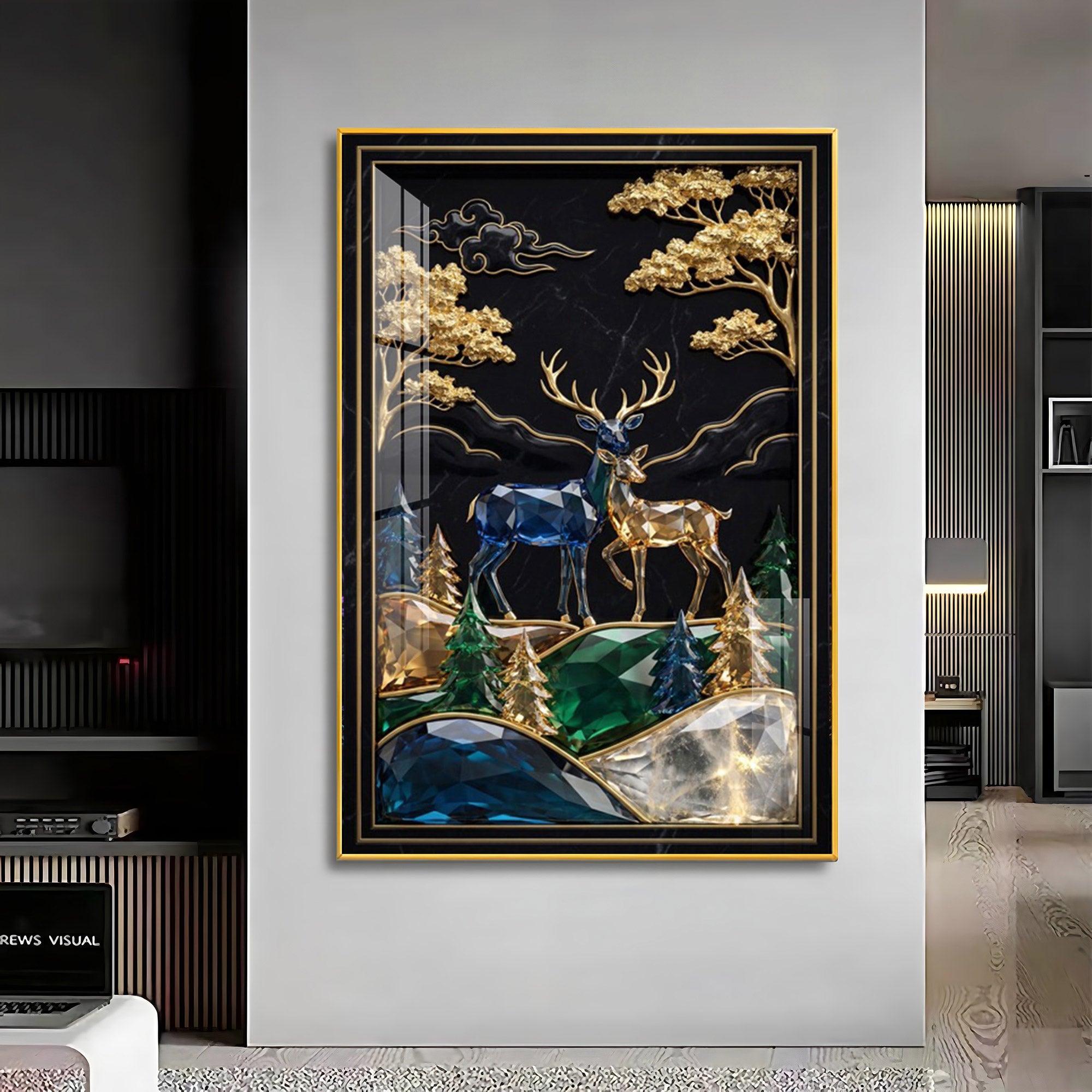 Pair Of Golden & Blue Deer Premium Acrylic Vertical Wall Art