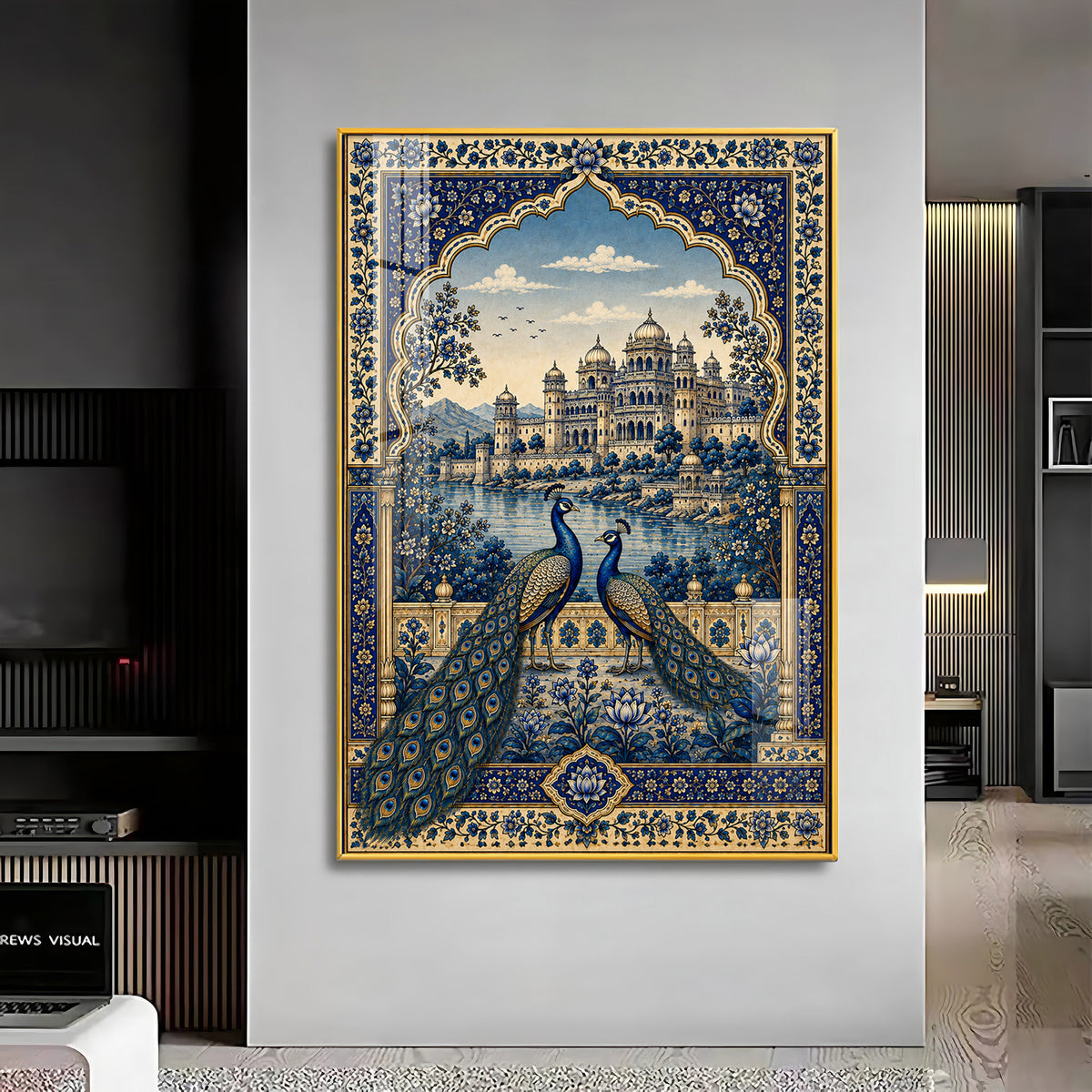 Royal Blue Peacocks & Palace Premium Acrylic Vertical Wall Art