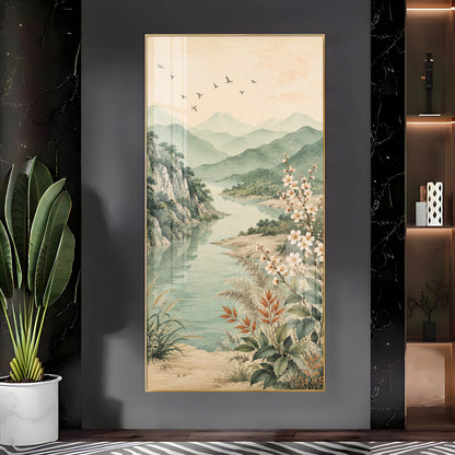 Serene Mountain Lake & Blossom Premium Acrylic Vertical Wall Art