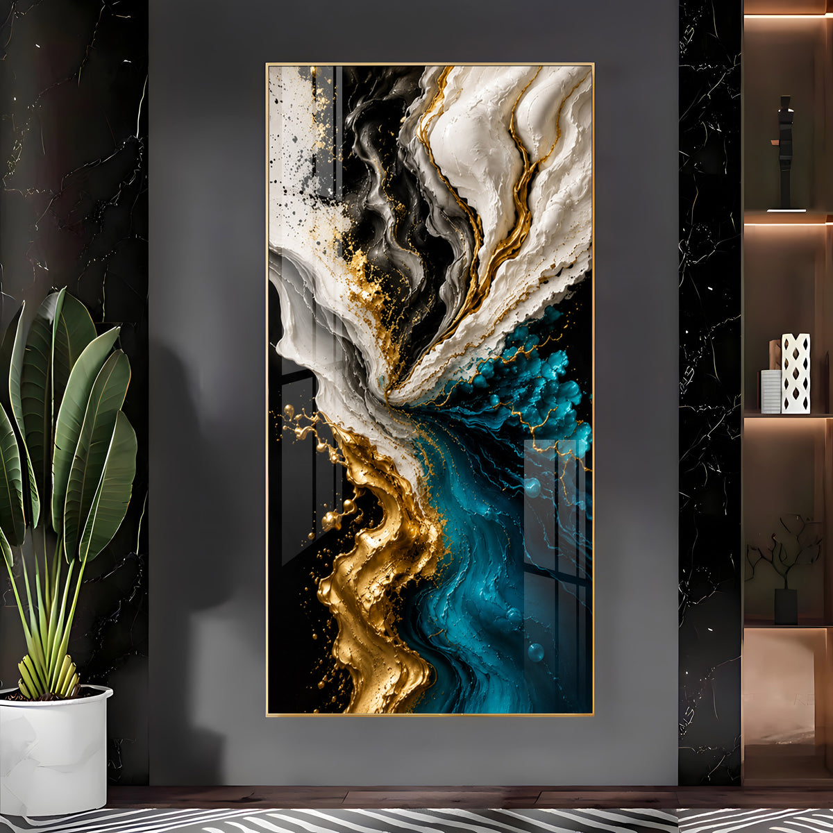 Abstract Fluid Liquid Marble & Gold Splash Premium Acrylic Vertical Wall Art