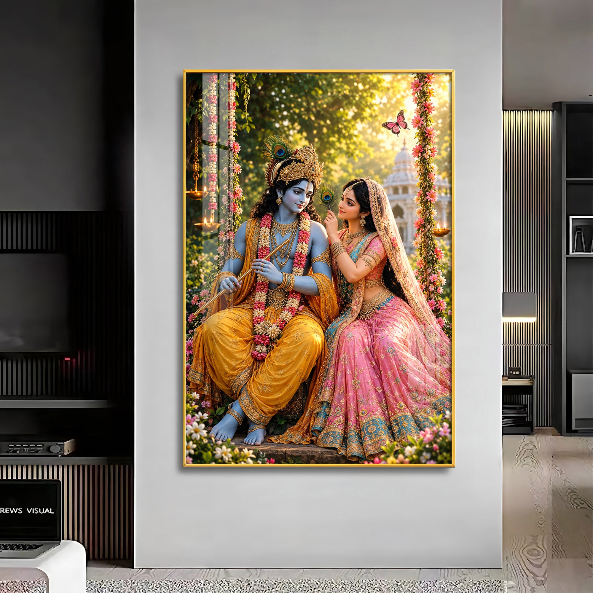 Lord Krishna Holding A Flute With Radha Premium Acrylic Vertical Wall Art
