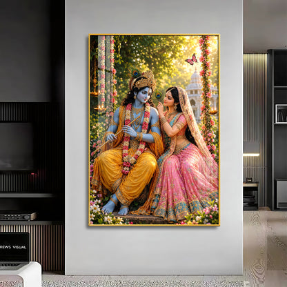 Lord Krishna Holding A Flute With Radha Premium Acrylic Vertical Wall Art