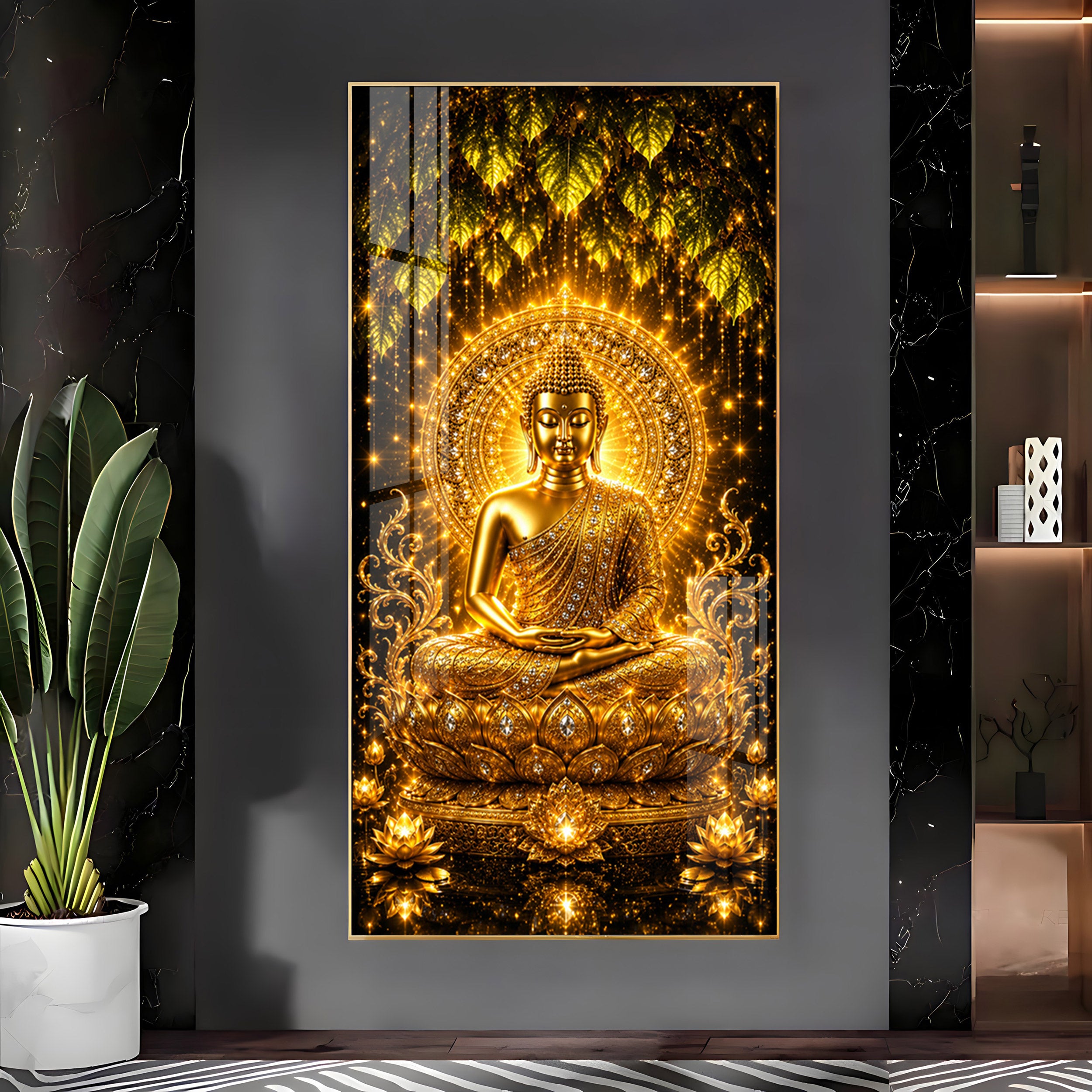 Golden Meditating Buddha Premium Acrylic Vertical Wall Art