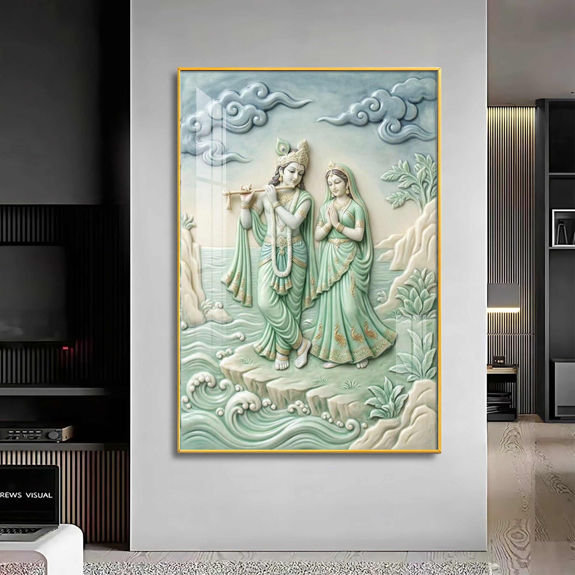 Krishna Playing The Flute Beside Radha Premium Acrylic Vertical Wall Art