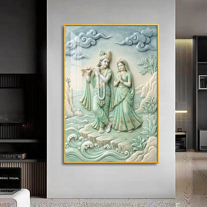 Krishna Playing The Flute Beside Radha Premium Acrylic Vertical Wall Art