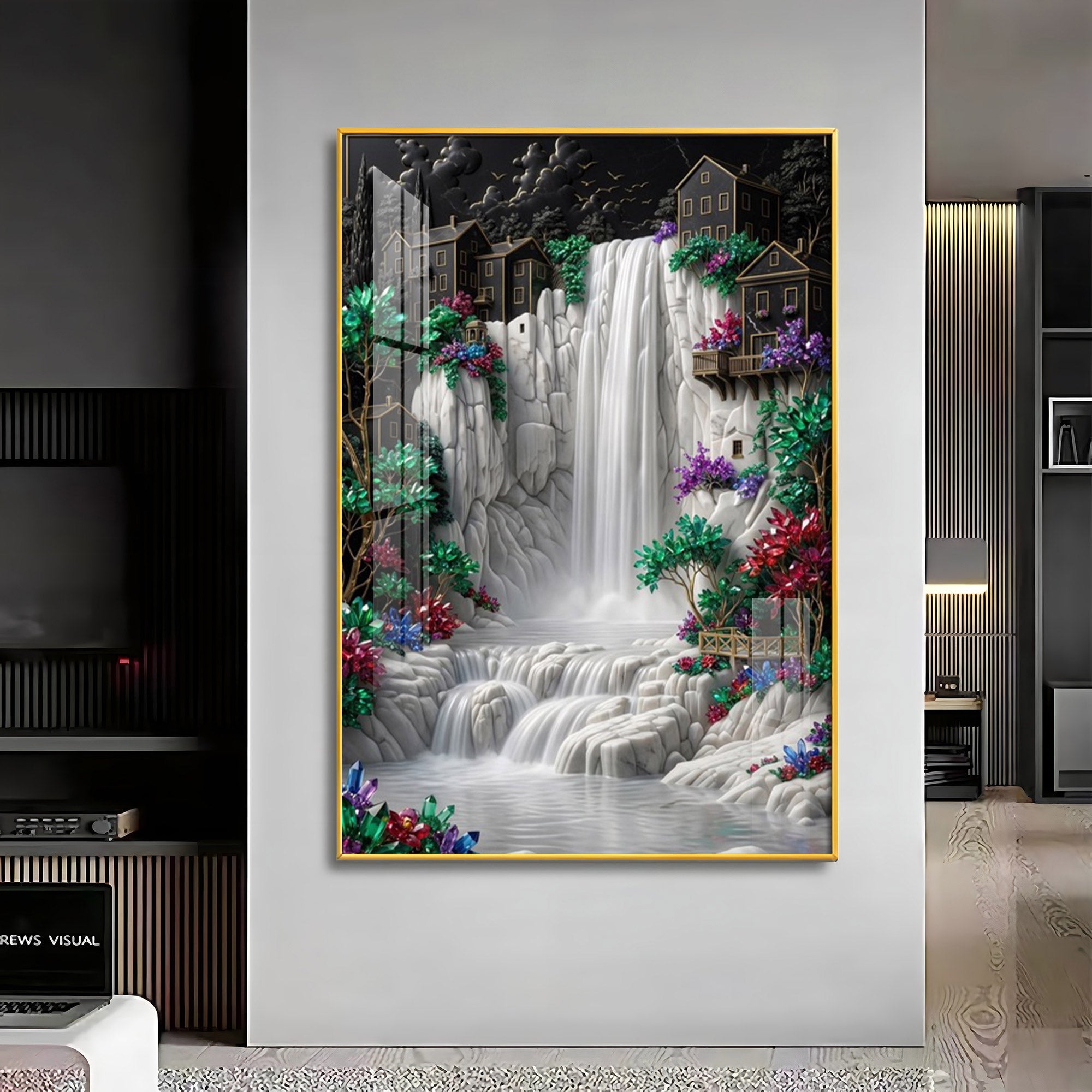 Waterfall Surrounded By Houses Premium Acrylic Vertical Wall Art