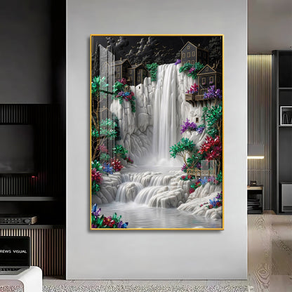Waterfall Surrounded By Houses Premium Acrylic Vertical Wall Art