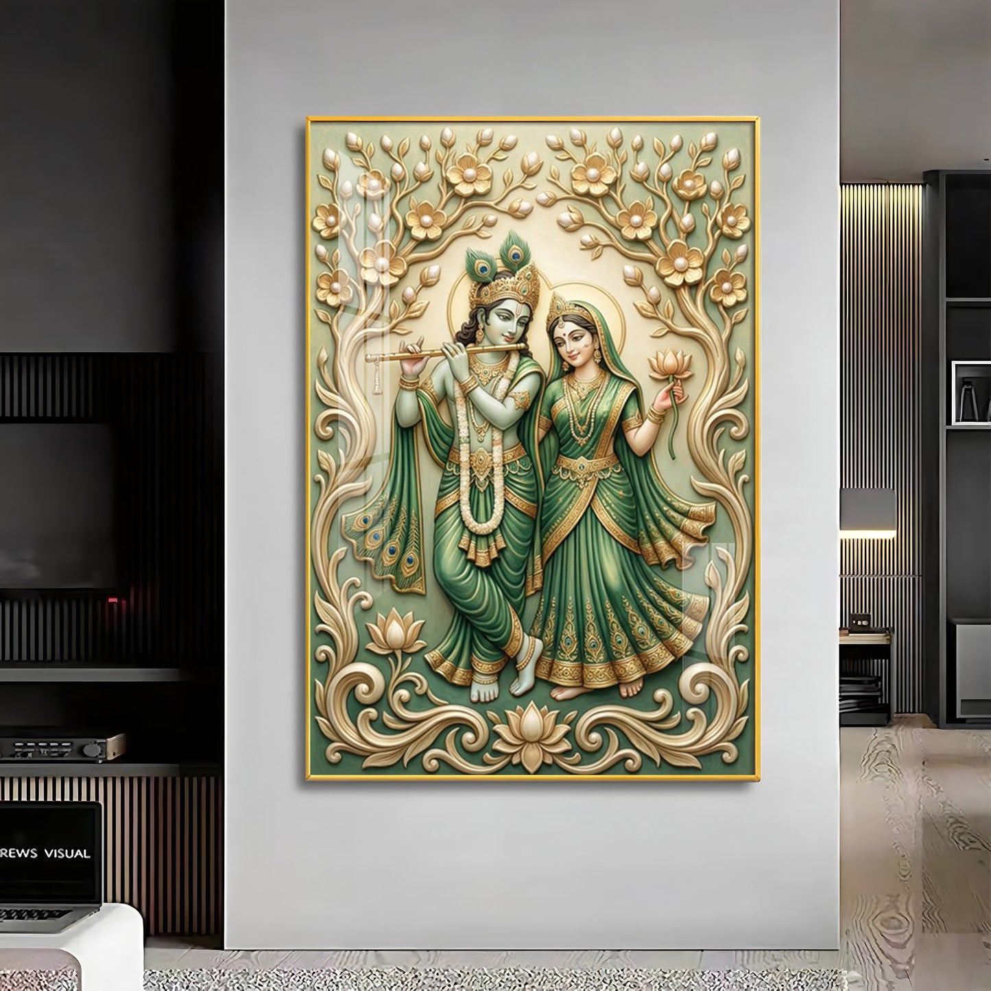 Radha Krishna With Green Background Premium Acrylic Vertical Wall Art