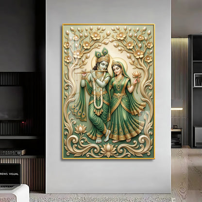 Radha Krishna With Green Background Premium Acrylic Vertical Wall Art