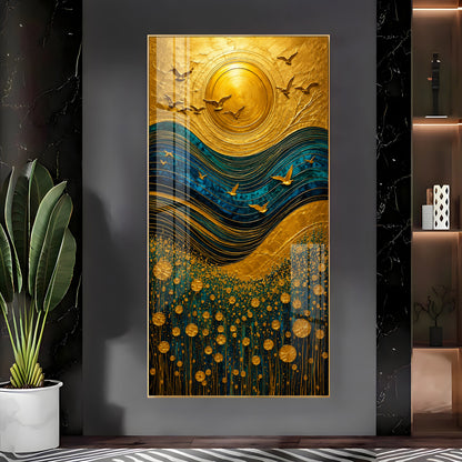 Majestic Golden Sun & Flying Birds Landscape Premium Acrylic Vertical Wall Art