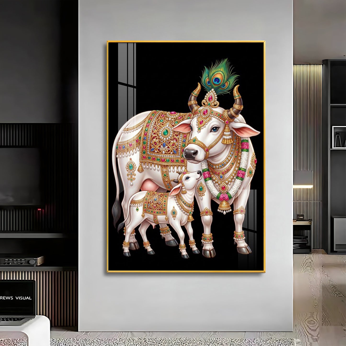 Kamdhenu Cow With Calf Premium Acrylic Vertical Wall Art