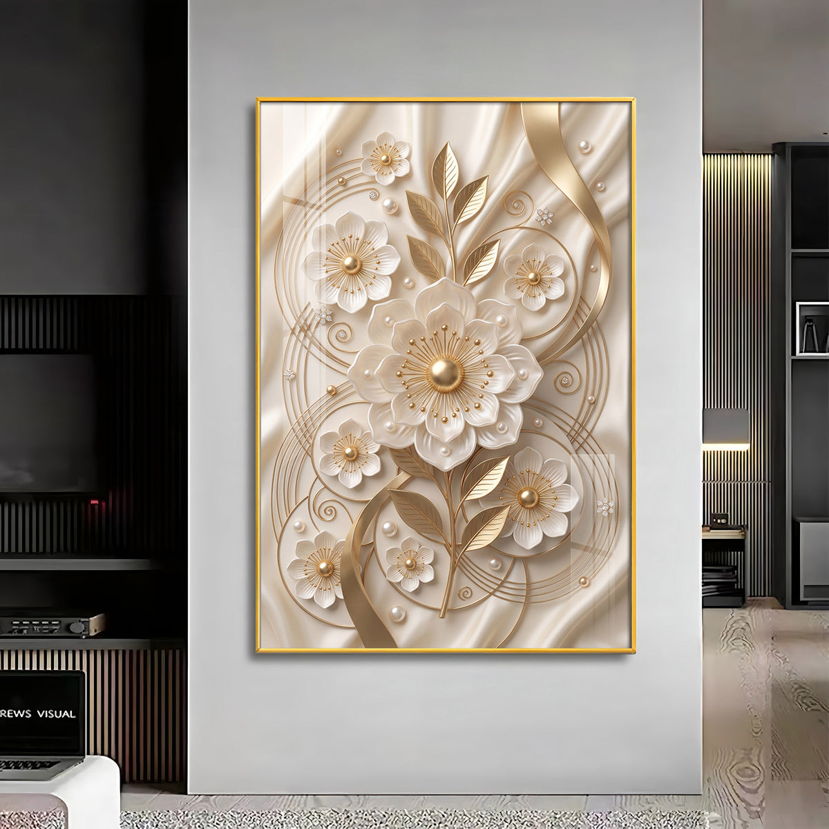 White & Gold Floral Carving Premium Acrylic Vertical Wall Art