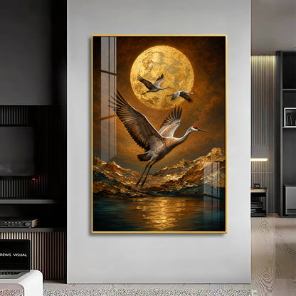 Golden Moon & Flying Cranes Premium Acrylic Vertical Wall Art