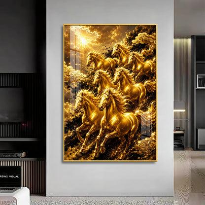 Golden Seven Horses Premium Acrylic Vertical Wall Art