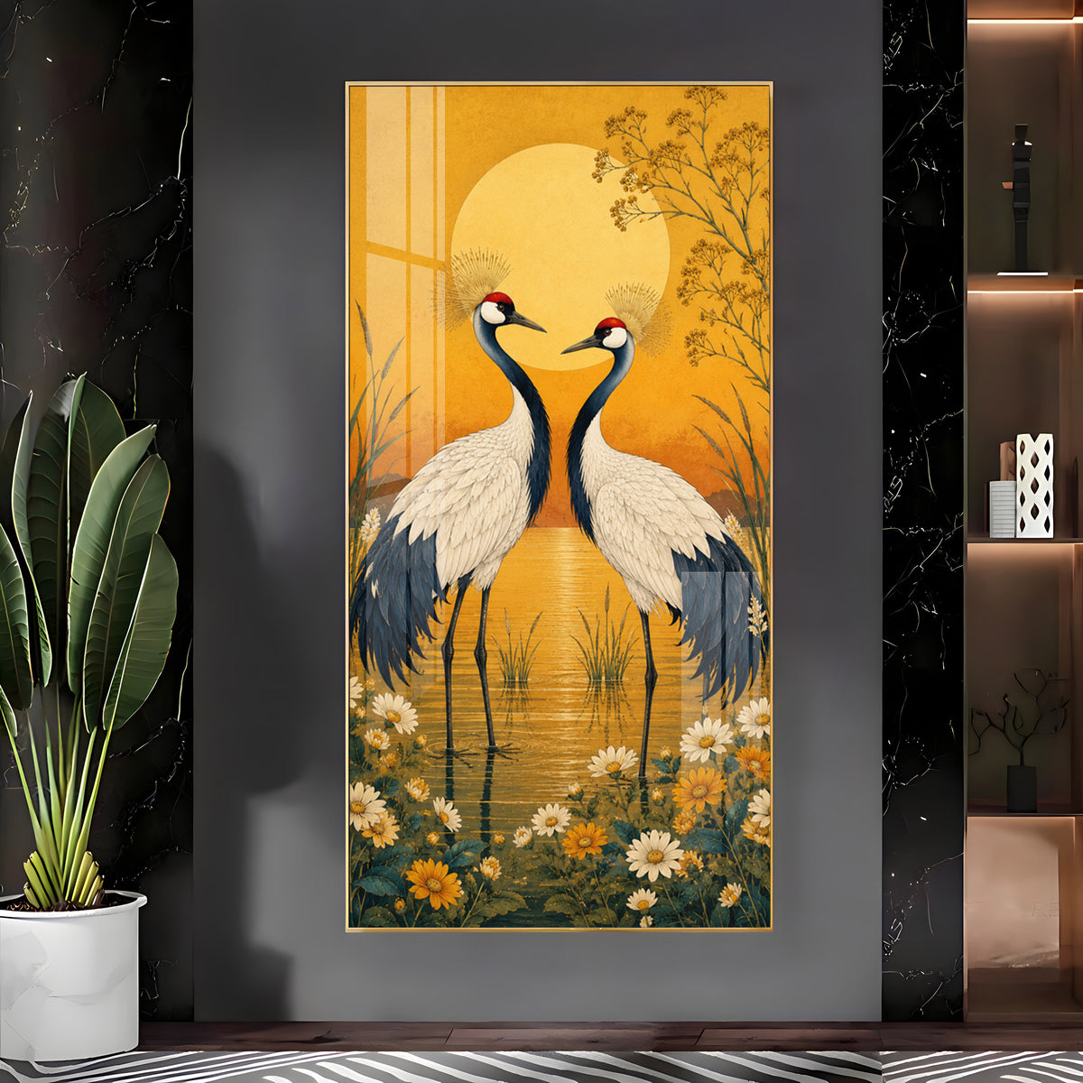 Golden Sunset Crane Birds Premium Acrylic Vertical Wall Art