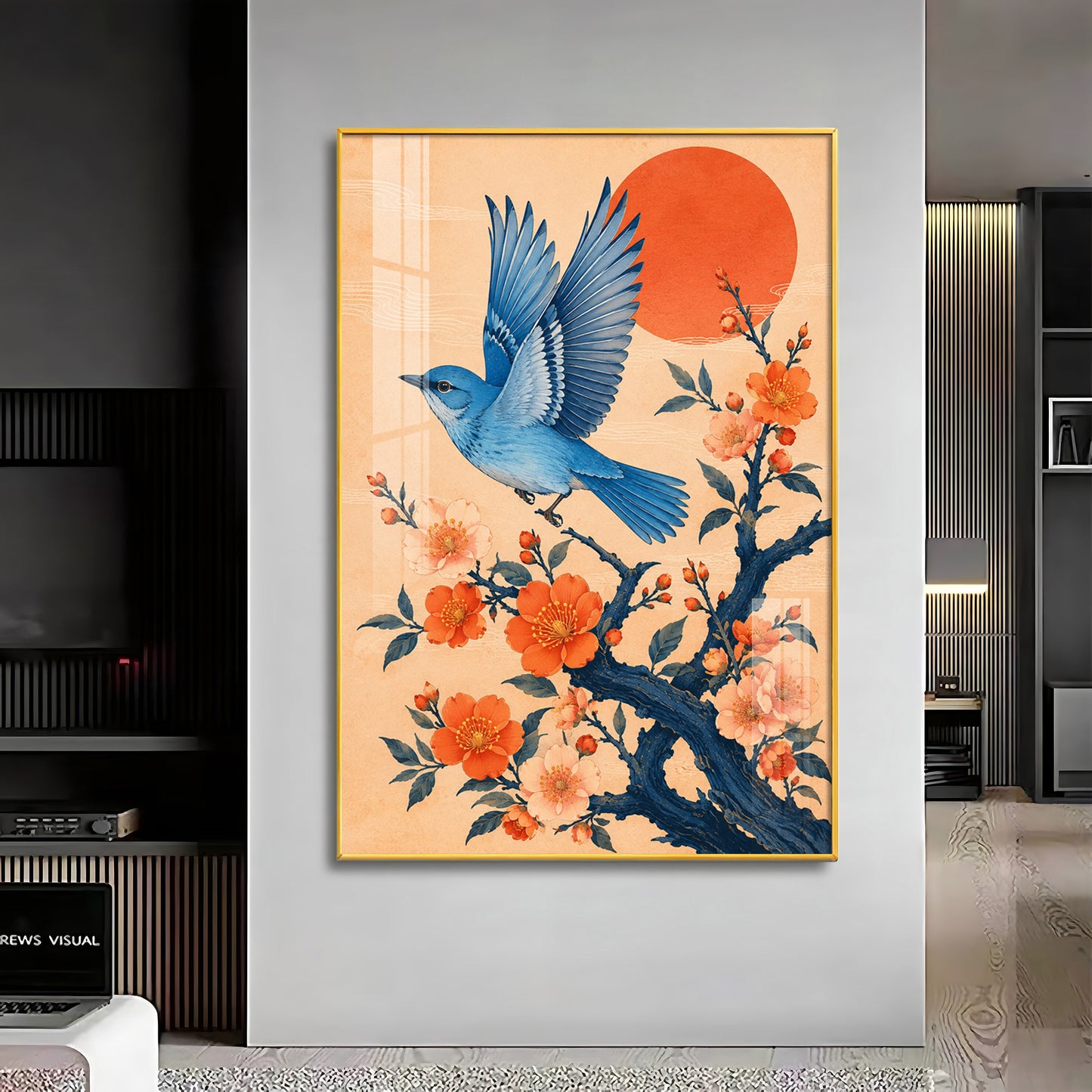 Flying Bluebird & Orange Blossoms Premium Acrylic Vertical Wall Art