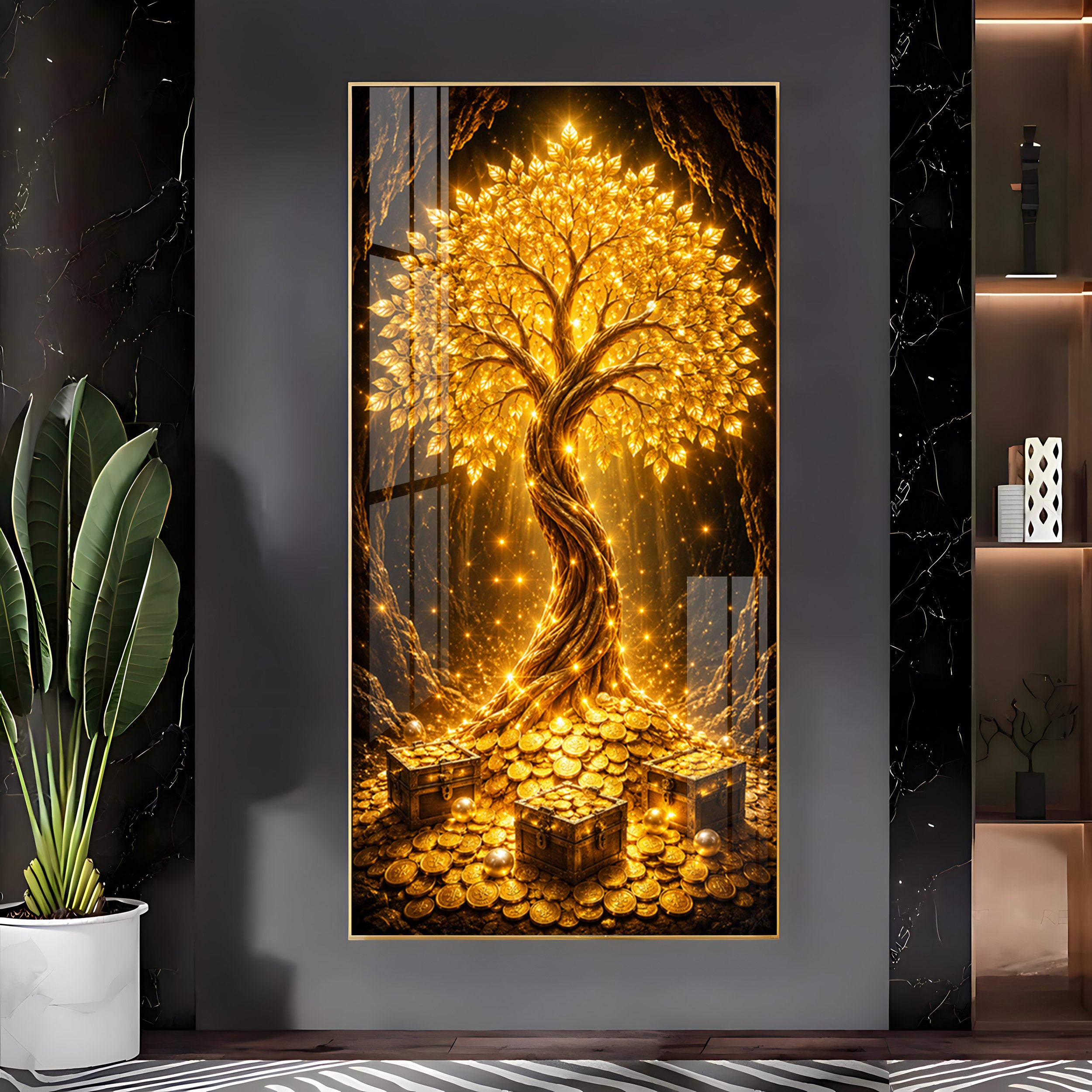 Golden Tree Of Wealth Premium Acrylic Vertical Wall Art
