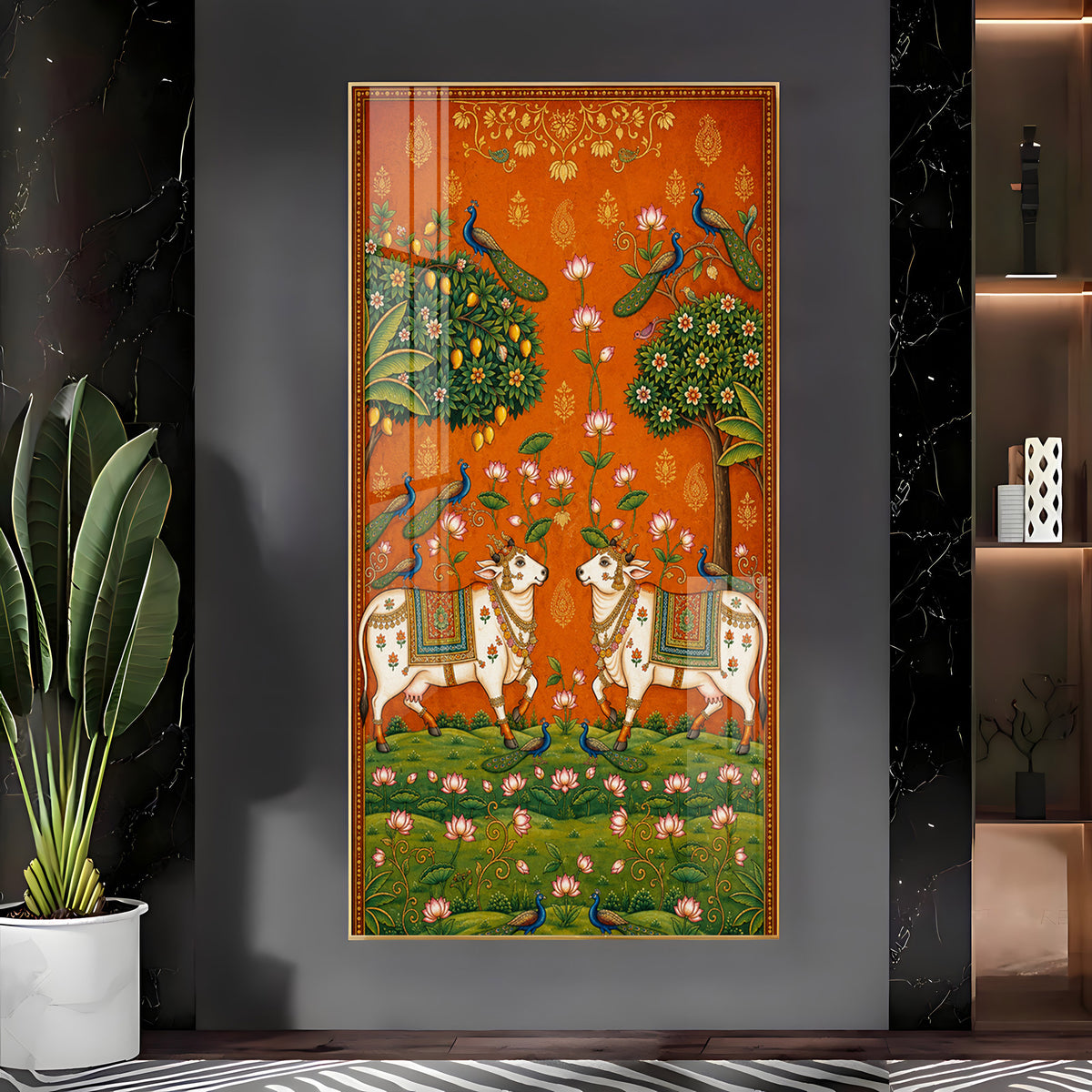 Traditional Pichwai Sacred Cows & Peacocks Premium Acrylic Vertical Wall Art
